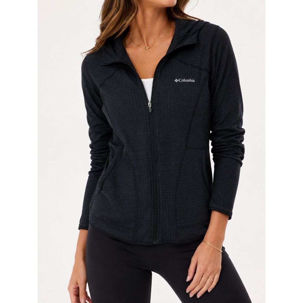 Columbia Women's L Black Grid Fleece Hooded Full Zip Jacket Gorpcore Outdoor